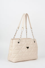 Crocos Cream Leather Quilted 3 Compartment Zipper Closure Lined Hand Arm And Shoulder Bag With Chain Strap