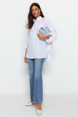 White Adjustable Ruffle Detailed Woven Cotton Shirt with Adjustable Sleeves TCTSS23TG00011 - Swordslife
