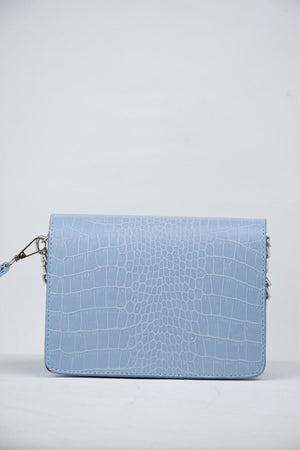 Babyblaue Clutch mit Krokodilmuster für Damen, Baguette-Kettenriemen