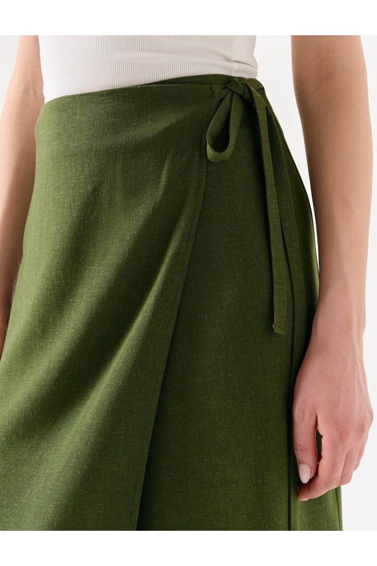 Khaki Regular Waist Slit Midi Linen Skirt - Swordslife