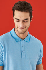  Мужская безусадочная хлопчатобумажная ткань Slim Fit Slim Fit синяя футболка с воротником-поло с отворотом