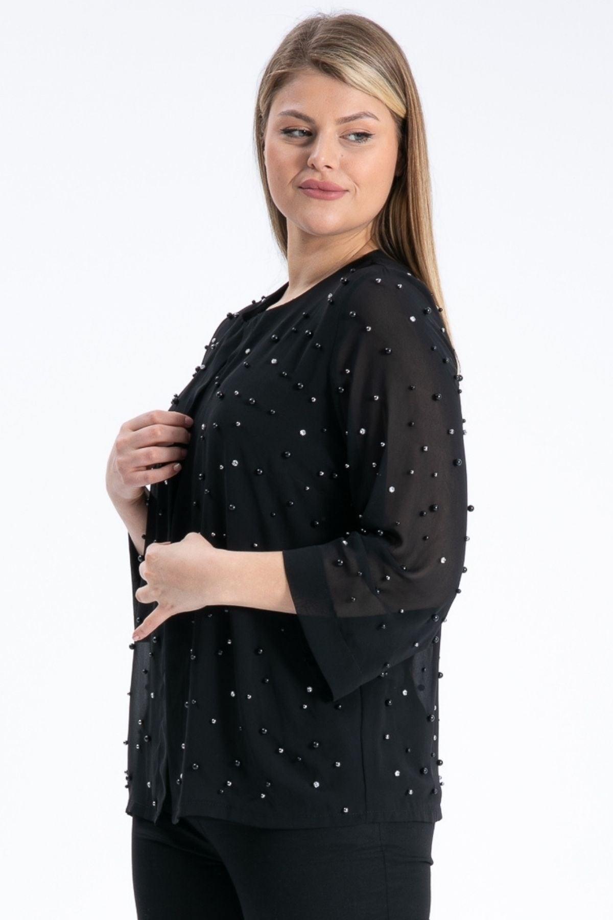 Plus Size Ribbed Short Black Jacket With Pearls - Swordslife