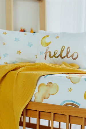 Organic Muslin Picture And Cotton Satin Baby Bedding - Cloud And Sky Theme