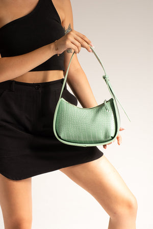 Mintgrüne Baguette-Tasche mit Krokodilmuster für Damen