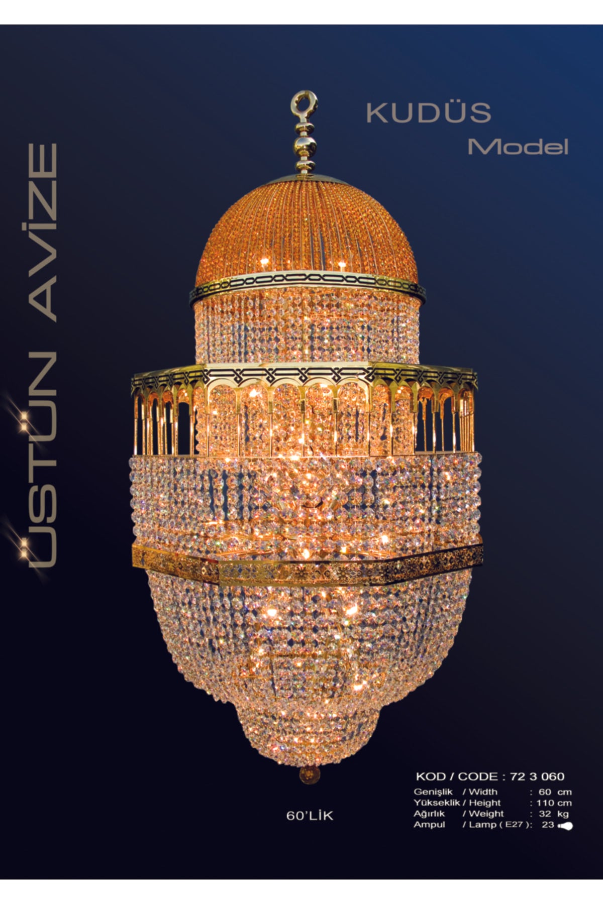 Aksa Model Asfor Crystal Stone 24 Carat Gold Plated Special Design Chandelier 60*130 Cm