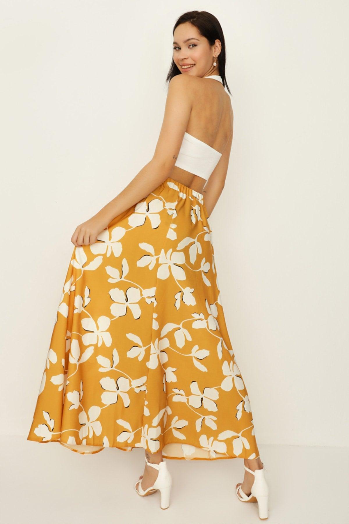 Women's Mustard Patterned Belted Ruffle Long Skirt - Swordslife