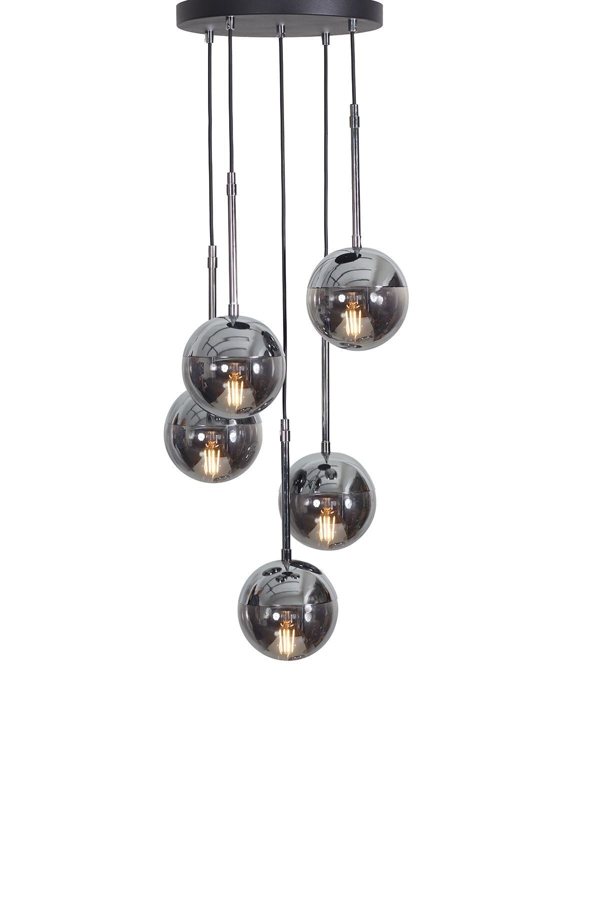 Nova 5-Piece Chrome-Black Metal Body Smoked Glass Design Luxury Pendant Lamp Chandelier