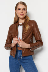Brown Faux Leather Biker Jacket Coat TWOAW23MO00372 - Swordslife
