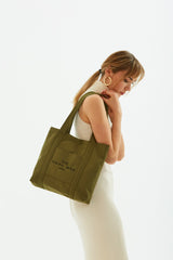Khaki Green U46 Snap Closure Front Pocket Detailed Tote Bag Embroidered Canvas Women's Arm And Shoulder Bag U