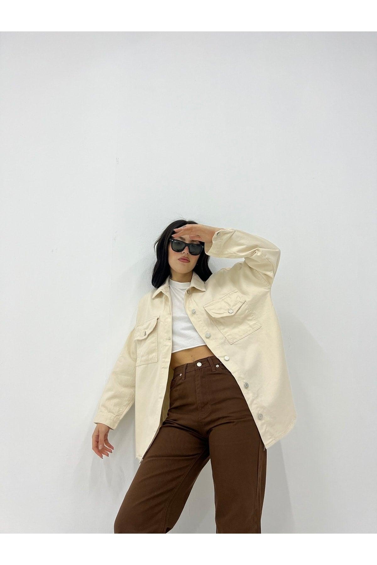 Women's Cream Oversize Fit Gabardine Shirt Jacket III Ecru Tunic - Swordslife