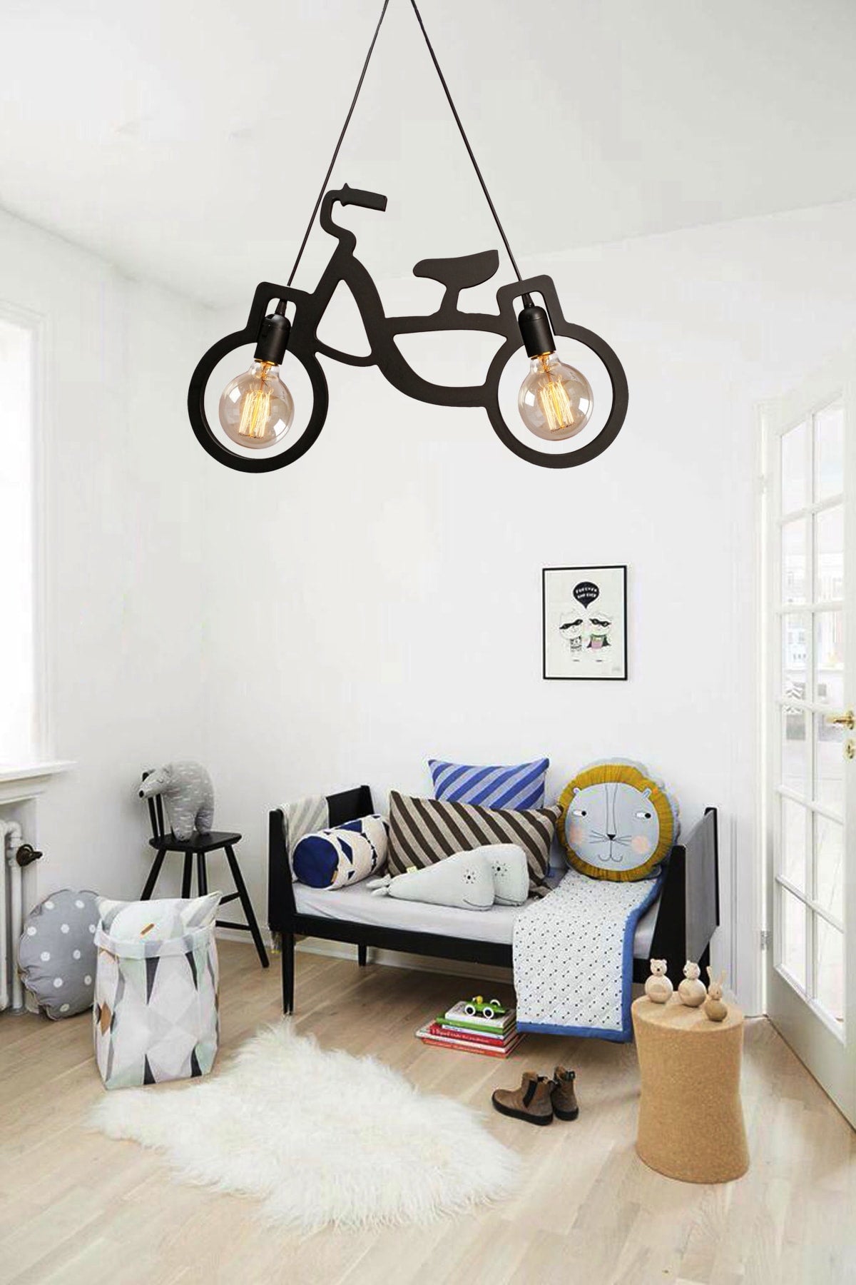 Wood Wooden Black Bicycle Pendant Lamp Chandelier Wooden Luxury Rustic Modern Decorative Lamp Children'S Room Chandelier