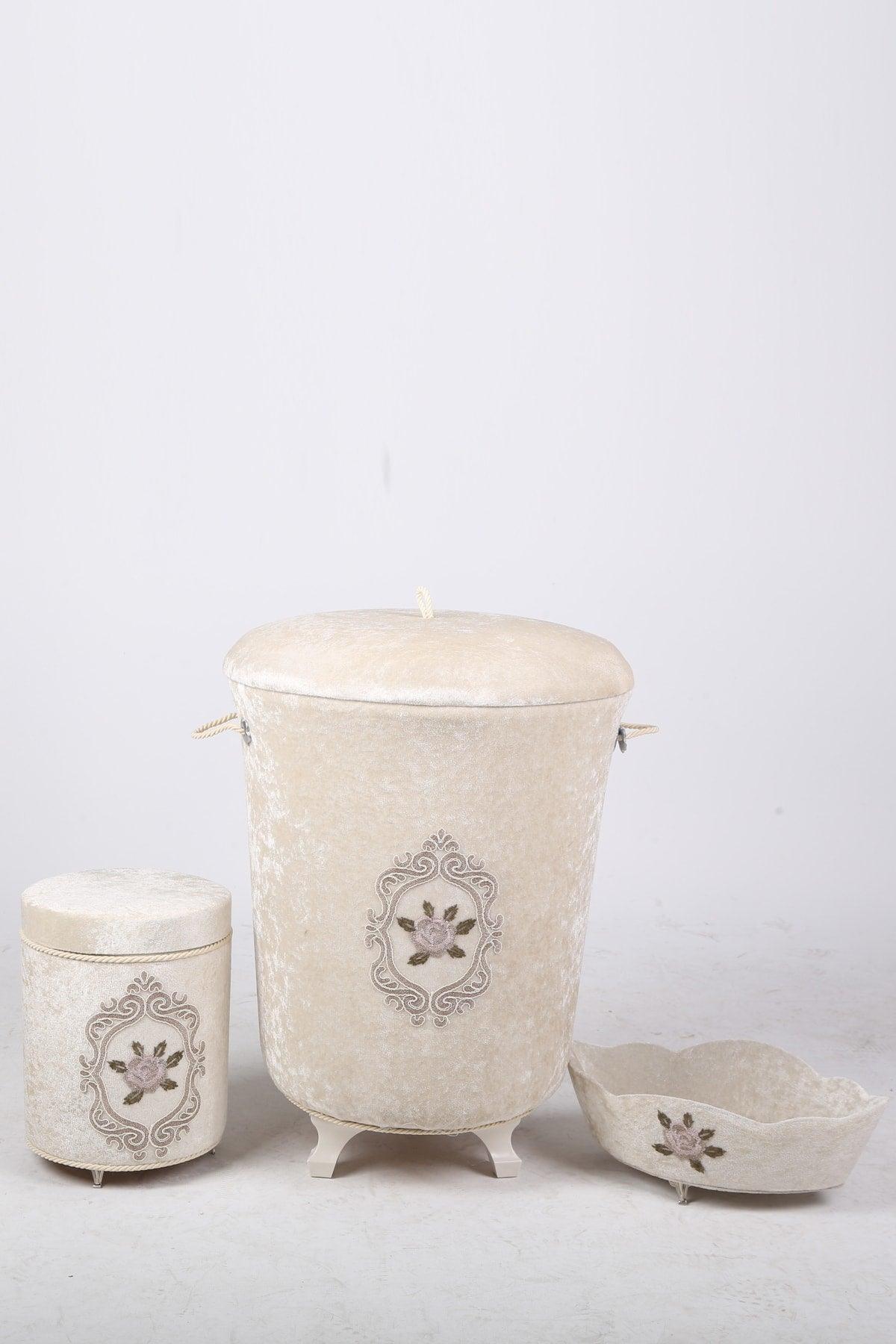 Shems Mink 3 Piece Velvet Bathroom Set Guipure Dirty Laundry Basket Set - Swordslife