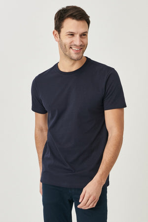 Men'S Navy Blue 100% Cotton Slim Fit Slim Fit Crew Neck Short Sleeved T-Shirt