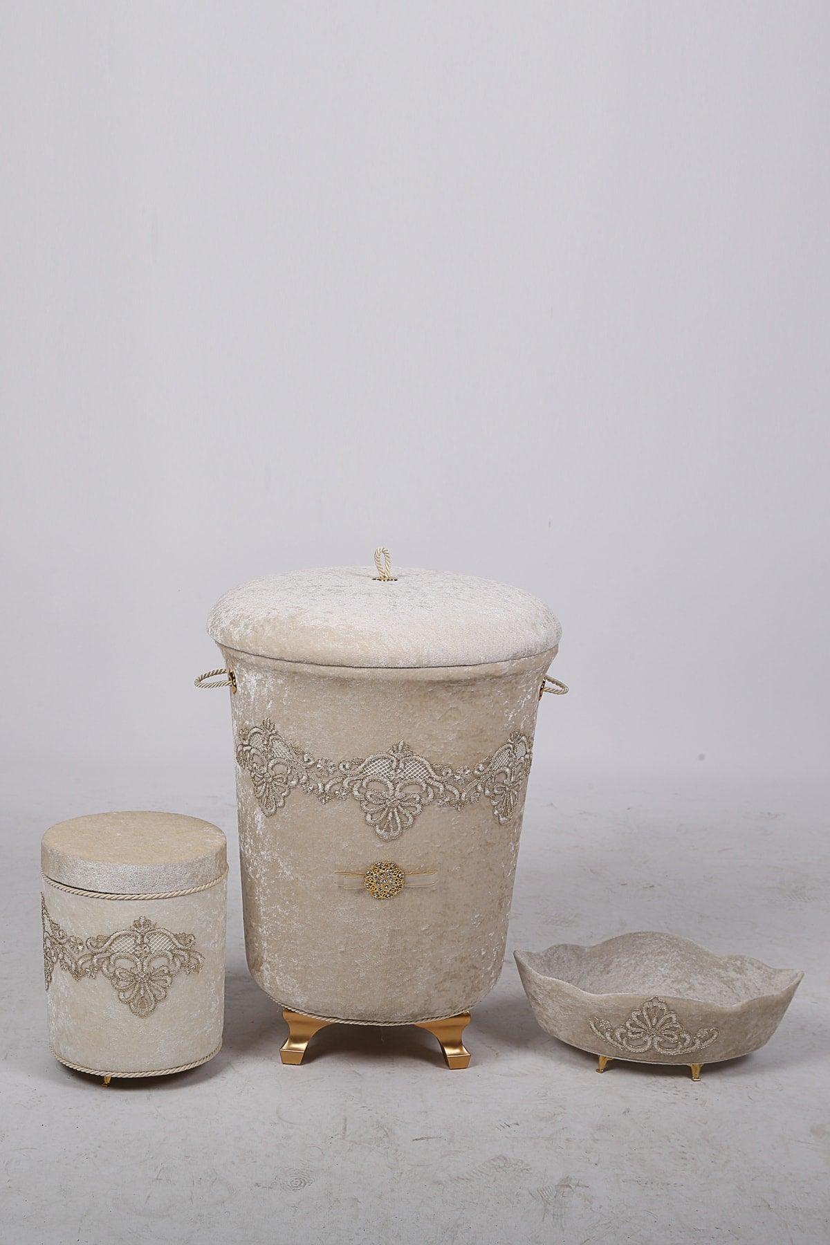 Golden Mink 3 Piece Velvet Dowry Lacy Bathroom Dirty Laundry Basket Set. - Swordslife