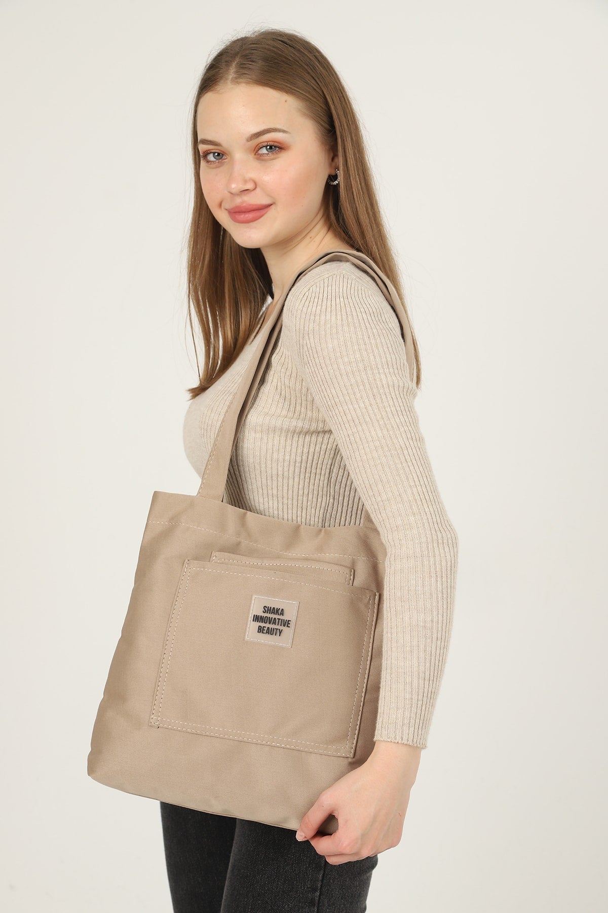 Mink U22 3-Compartment Front 2 Pocket Detailed Canvas Fabric Daily Women's Arm And Shoulder Bag B:35 E:35