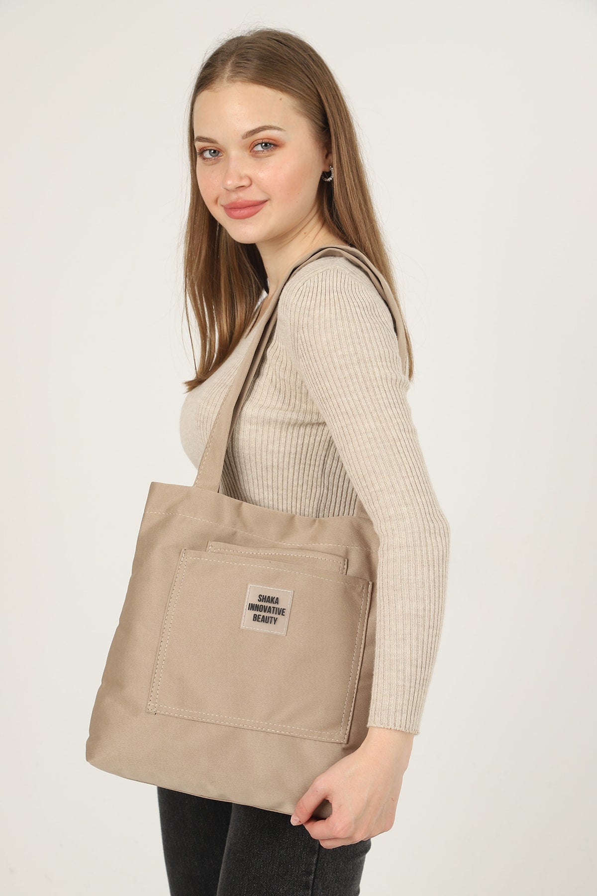 Mink U22 3-Compartment Front 2 Pocket Detailed Canvas Fabric Daily Women'S Arm And Shoulder Bag B:35 E:35
