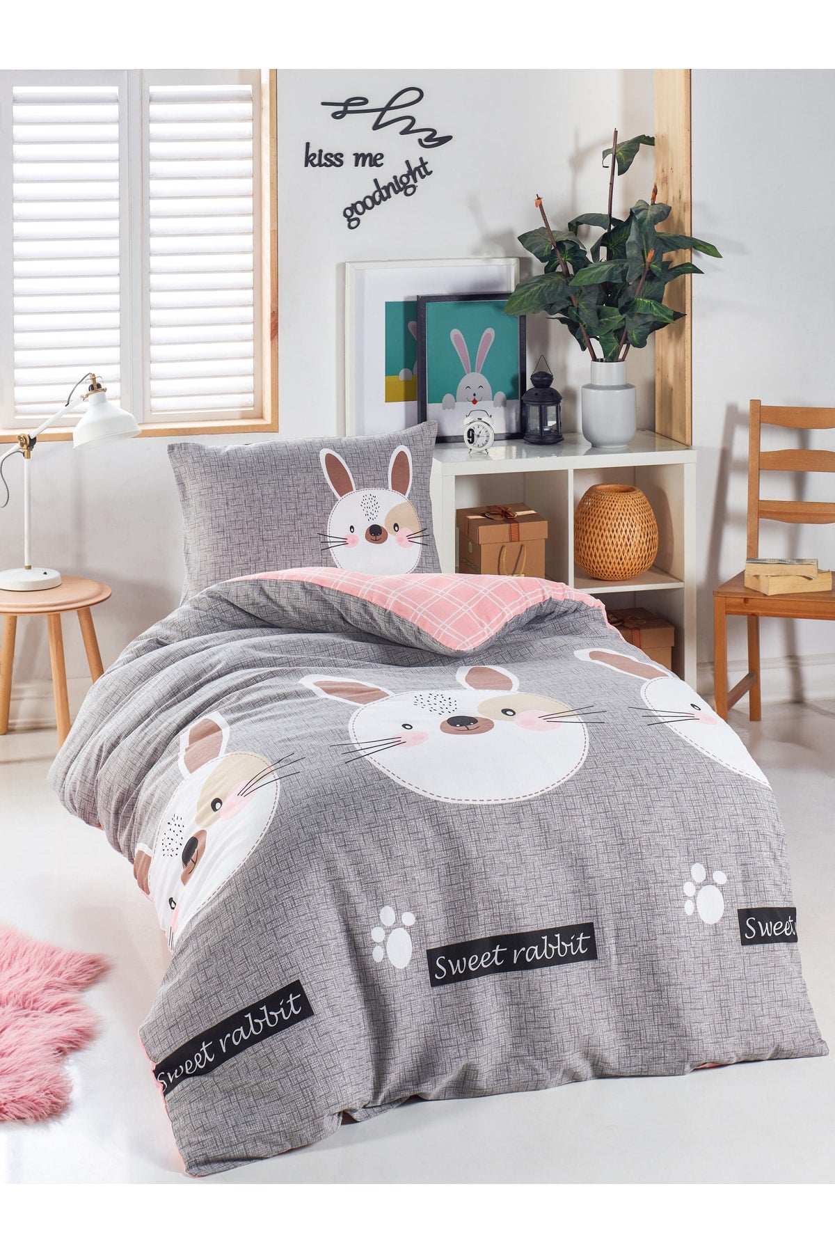Junior-Bettbezug-Set Einzelbett Kaninchen A. Braun-Grau-Rosa