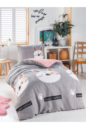 Junior-Bettbezug-Set Einzelbett Kaninchen A. Braun-Grau-Rosa