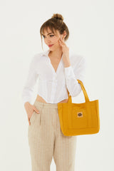 Mustard U37 Snap Closure 2 Compartment Front Pocket Detailed Canvas Fabric Daily Women's Arm and Shoulder Bag