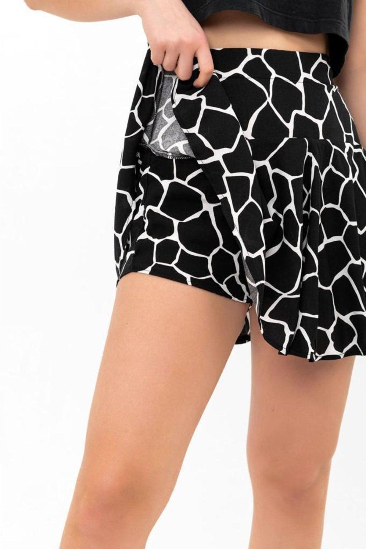 Summer Mini Short Shorts Skirt Soft Woven Viscose Printed High Waist, Elastic Back Waist - Swordslife