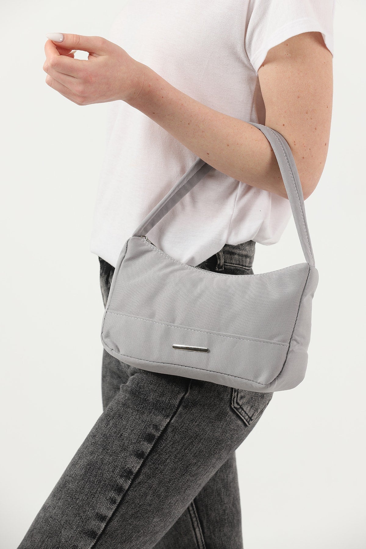 Gray U26 Single Zipper Section Canvas Fabric Women's Daily Baguette Hand And Shoulder Bag U:13 E:25 G:6