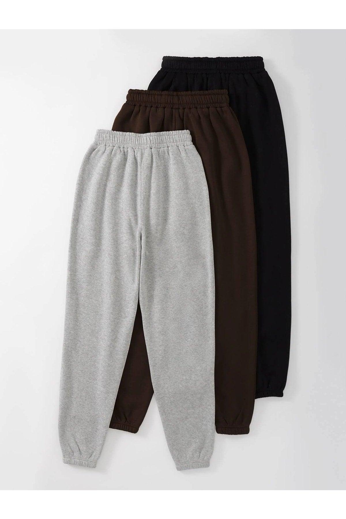3-pack Jogger Sweatpants - Black, Gray And Brown, Elastic Leg, High Waist, Summer - Swordslife