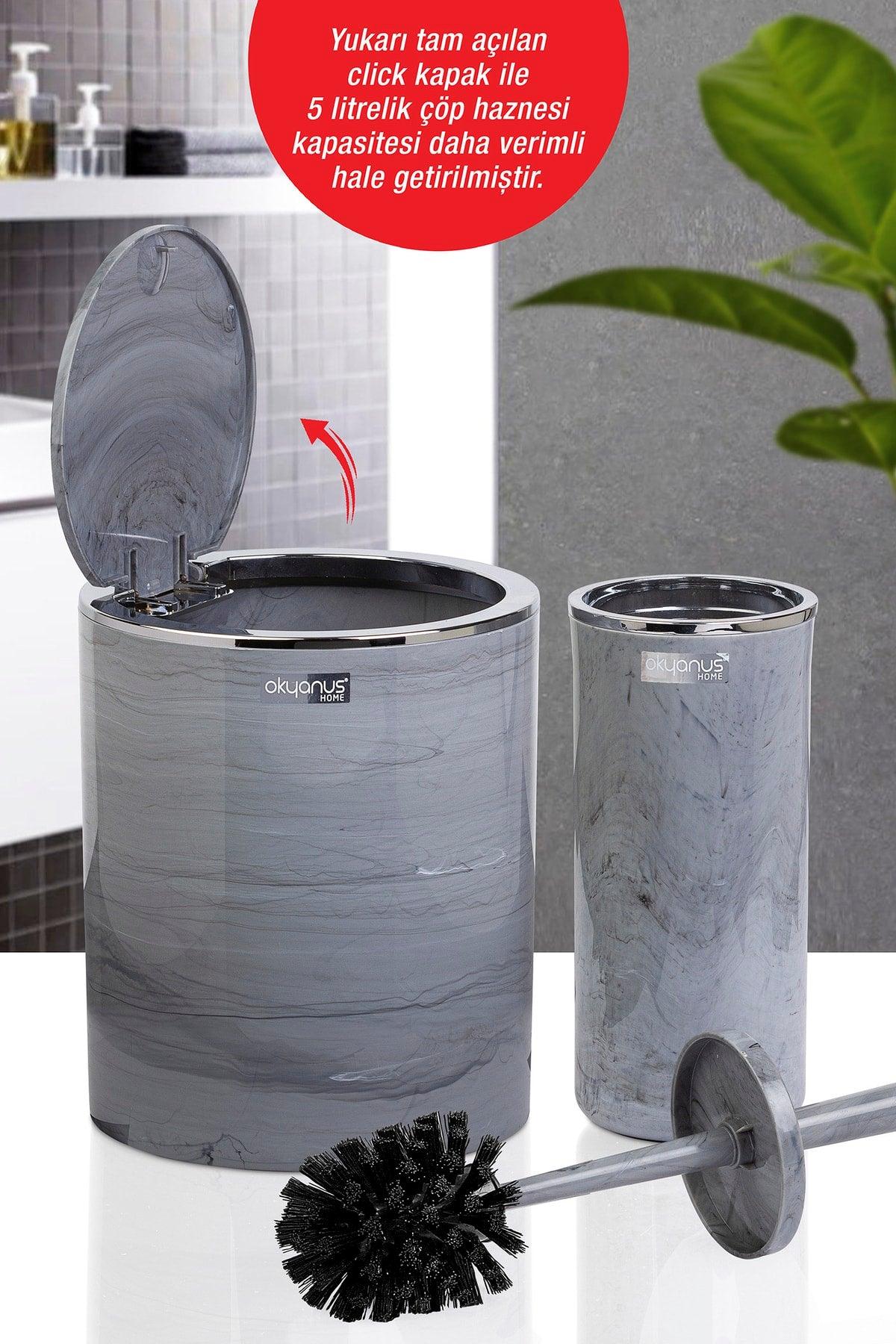 Chromed Round Marble Patterned 2-Wc Bucket And Brush Set - Swordslife