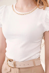 Women's White Chain Sleeve Ruffle Knitted Blouse - Swordslife