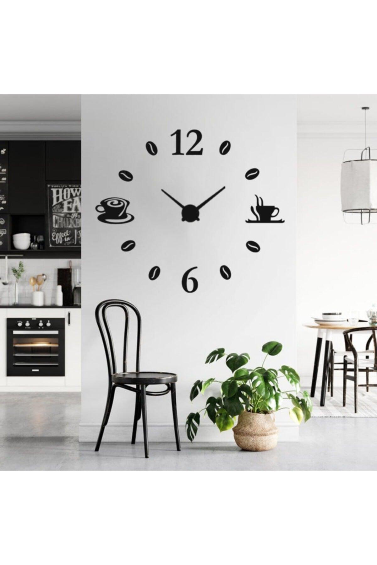 3d Wall Clock With Coffee Cup Wooden Big Size Black Color - Swordslife