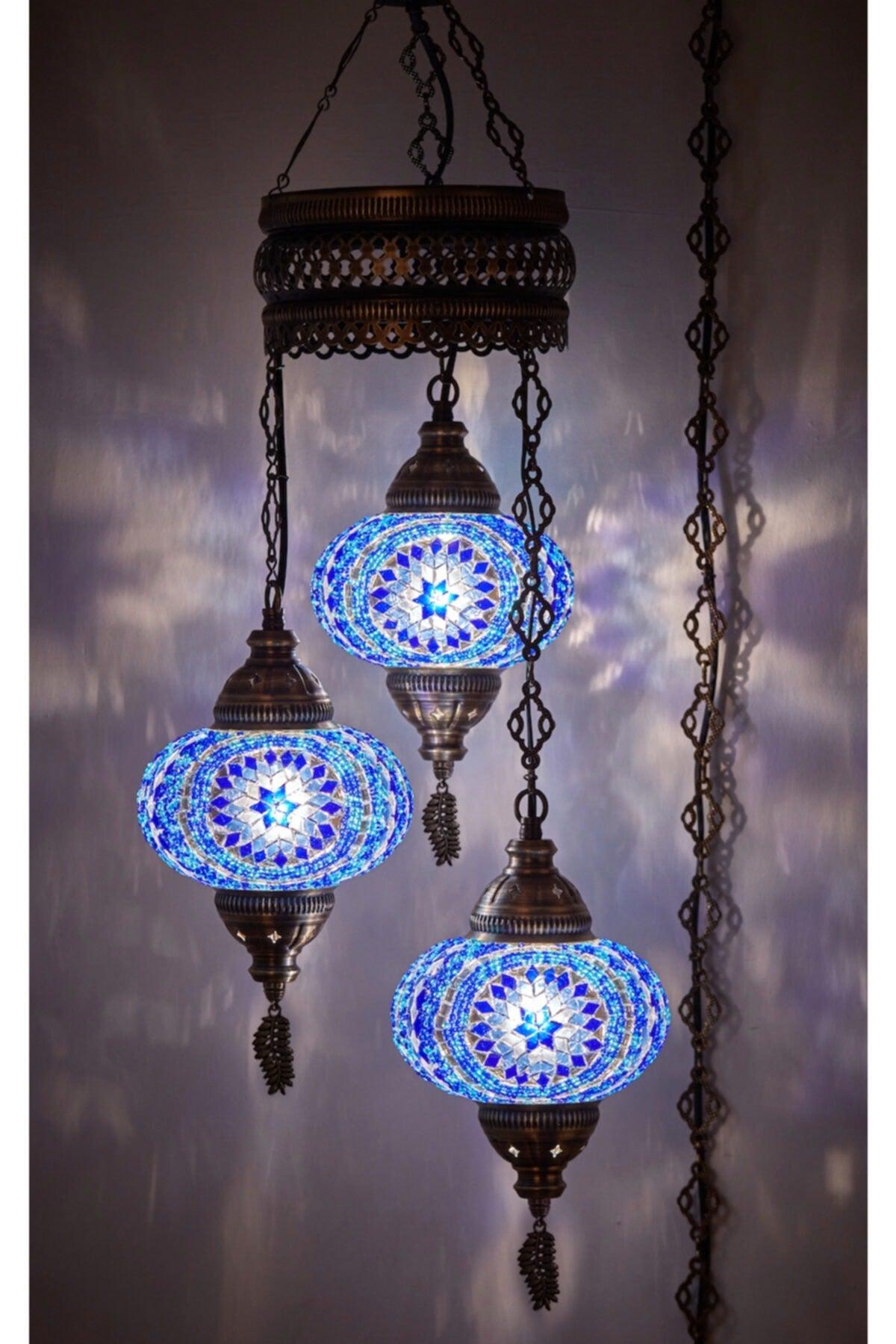 3 Authentic Ottoman Mosaic Colored Glass Pendant Lamp Chandelier, 3 Large Glass, Blue - Swordslife