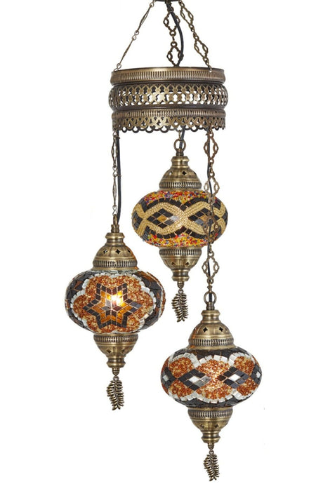 3 Authentic Ottoman Mosaic Colored Glass Pendant Lamp Chandelier, 3 Large Glass, Brown Black Amber - Swordslife