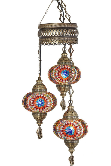 3 Authentic Ottoman Mosaic Colored Glass Pendant Lamp Chandelier, 3 Large Glass, Multi Colored Multicolor - Swordslife