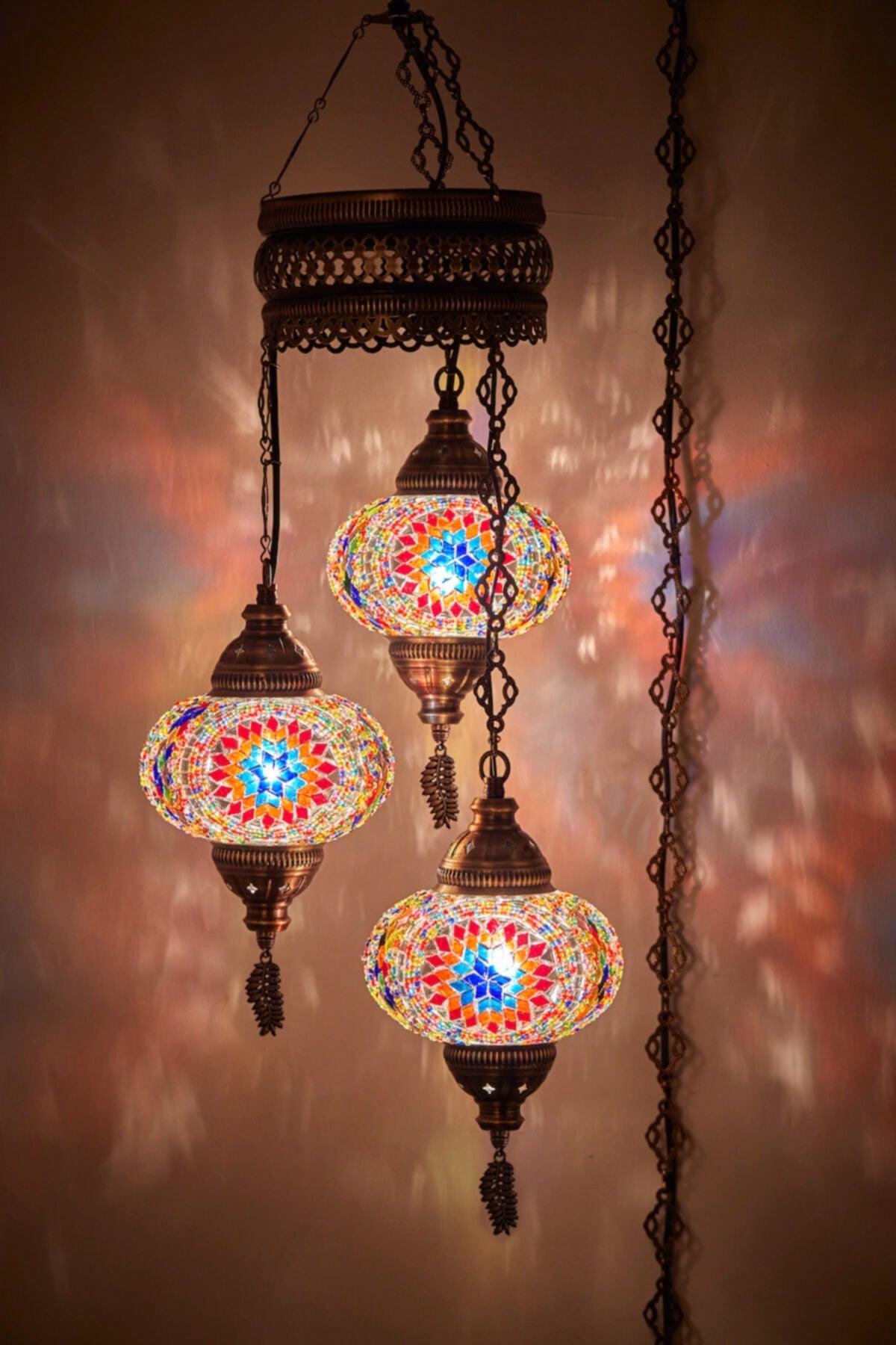 3 Authentic Ottoman Mosaic Colored Glass Pendant Lamp Chandelier, 3 Large Glass, Multi Colored Multicolor - Swordslife