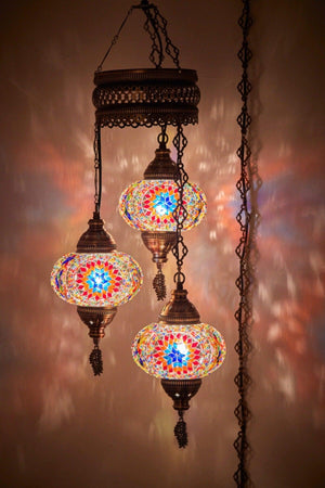 3 Authentic Ottoman Mosaic Colored Glass Pendant Lamp Chandelier, 3 Large Glass, Multi Colored Multicolor - Swordslife