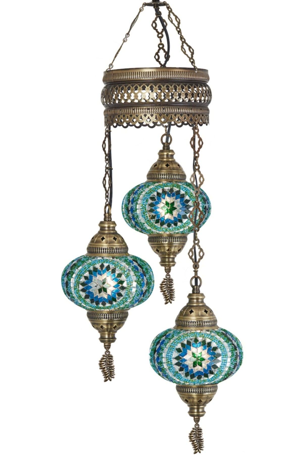 3 Authentic Ottoman Mosaic Colored Glass Pendant Lamp Chandelier, 3 Large Glass, Turquoise - Swordslife