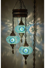 3 Authentic Ottoman Mosaic Colored Glass Pendant Lamp Chandelier, 3 Large Glass, Turquoise - Swordslife