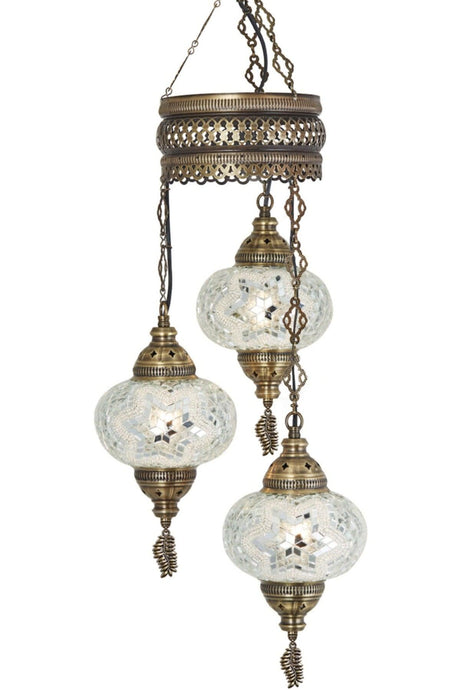 3 Authentic Ottoman Mosaic Colored Glass Pendant Lamp Chandelier, 3 Large Glass, White - Swordslife