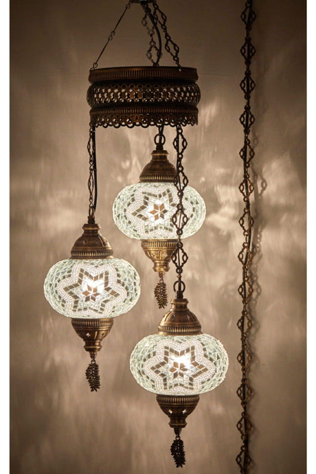 3 Authentic Ottoman Mosaic Colored Glass Pendant Lamp Chandelier, 3 Large Glass, White - Swordslife