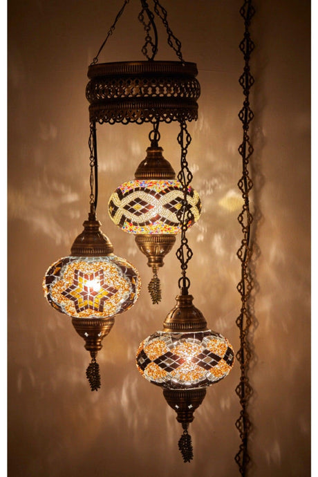 3 Authentic Ottoman Mosaic Colored Glass Pendant Lamp Chandelier, 3 Large Glass - Swordslife