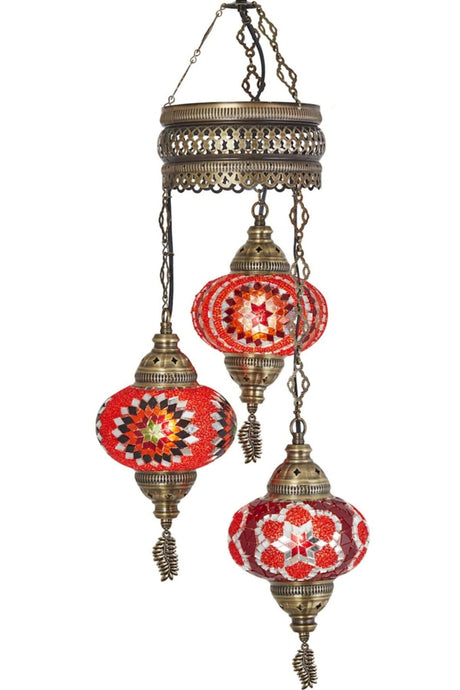 Authentic Ottoman Mosaic Colored Glass Pendant Lamp Chandelier, 3 Large Glass, Red - Swordslife