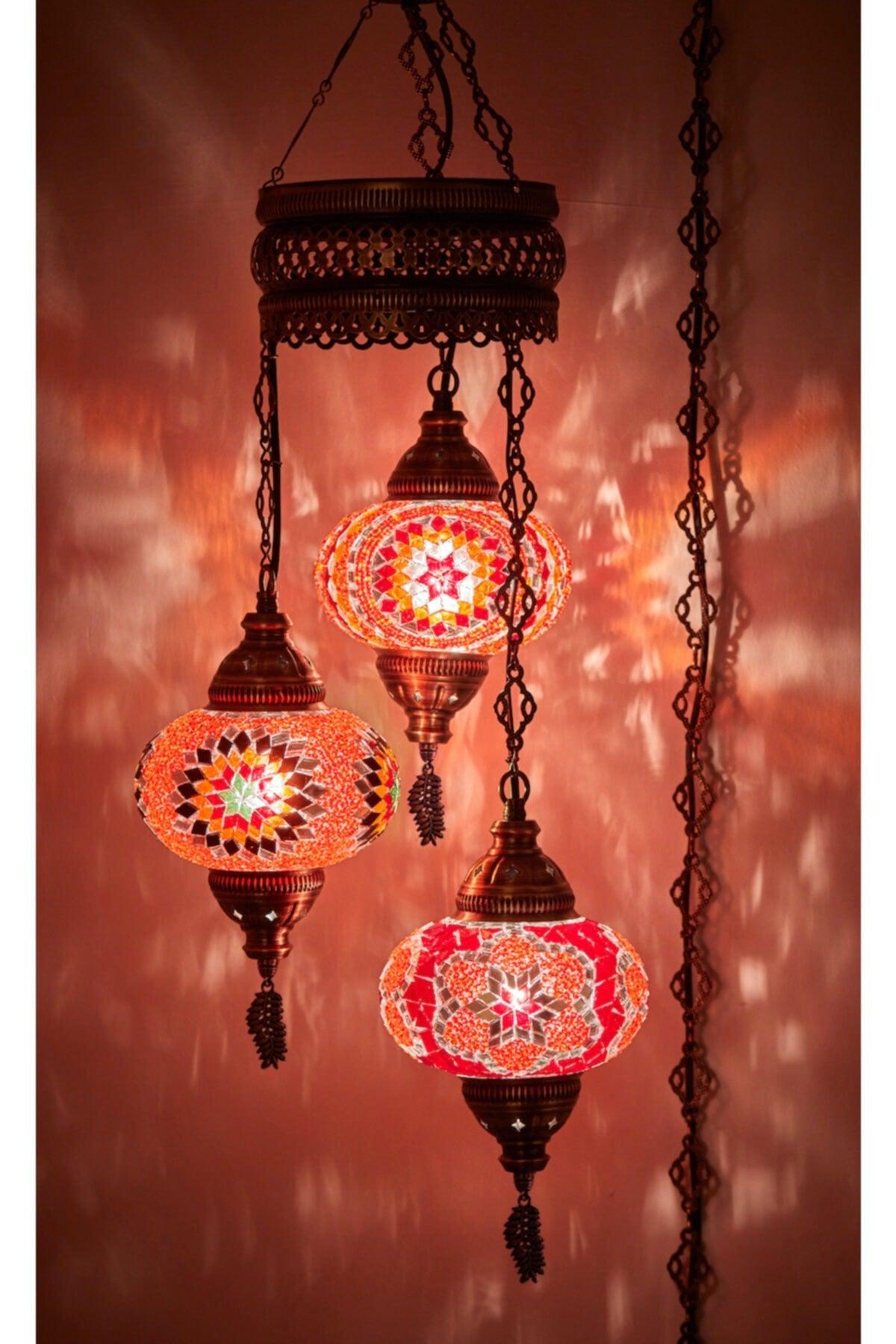 Authentic Ottoman Mosaic Colored Glass Pendant Lamp Chandelier, 3 Large Glass, Red - Swordslife