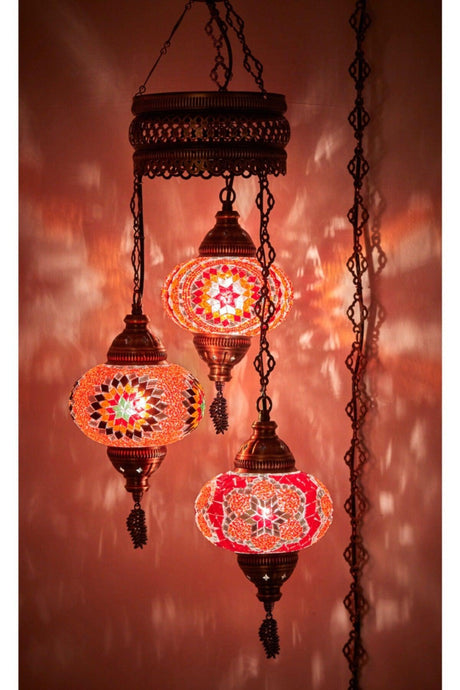 Authentic Ottoman Mosaic Colored Glass Pendant Lamp Chandelier, 3 Large Glass, Red - Swordslife
