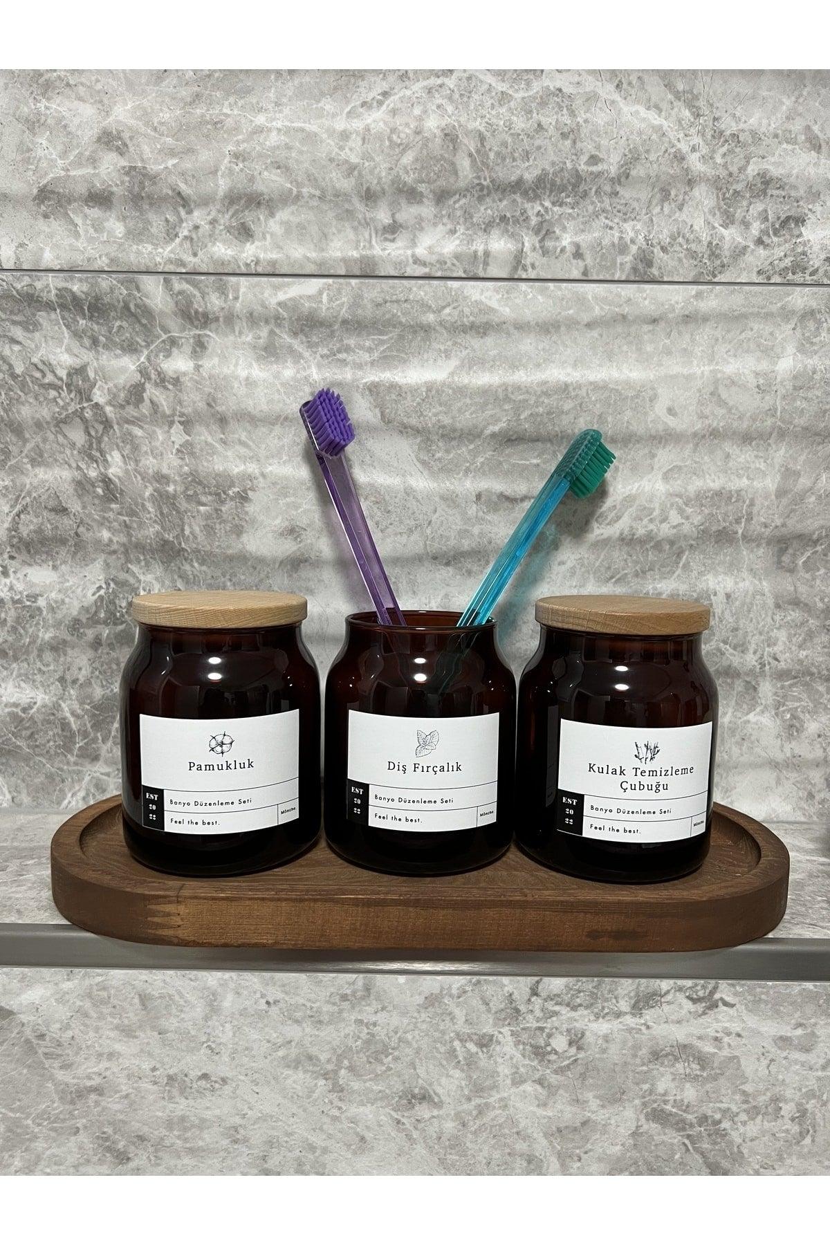 3 Piece Amber Glass Bathroom Organization Set With Wooden Stand Cotton Holder, Toothbrush Holder, Ear Cleaning Stick - Swordslife