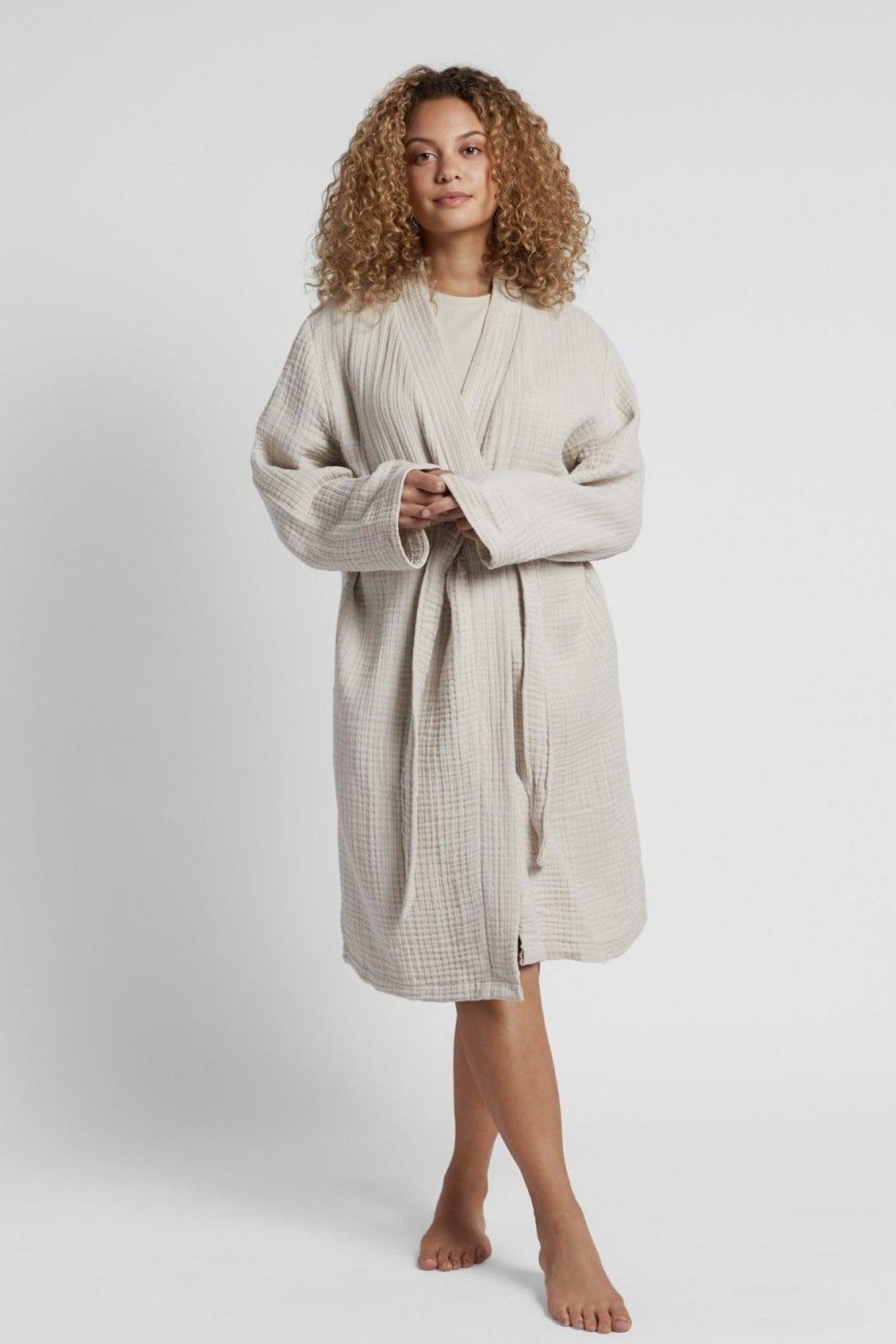 4 Layer Muslin Unisex Bathrobe Dressing Gown, 100% Cotton Kimono, Beige - Swordslife