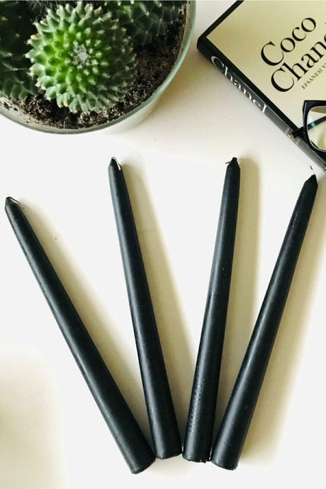 4 Pieces Black Glossy Black Color Cylinder Taper Candlestick Candle with Pearlescent Black Long Thin Conical 4 Pieces - Swordslife