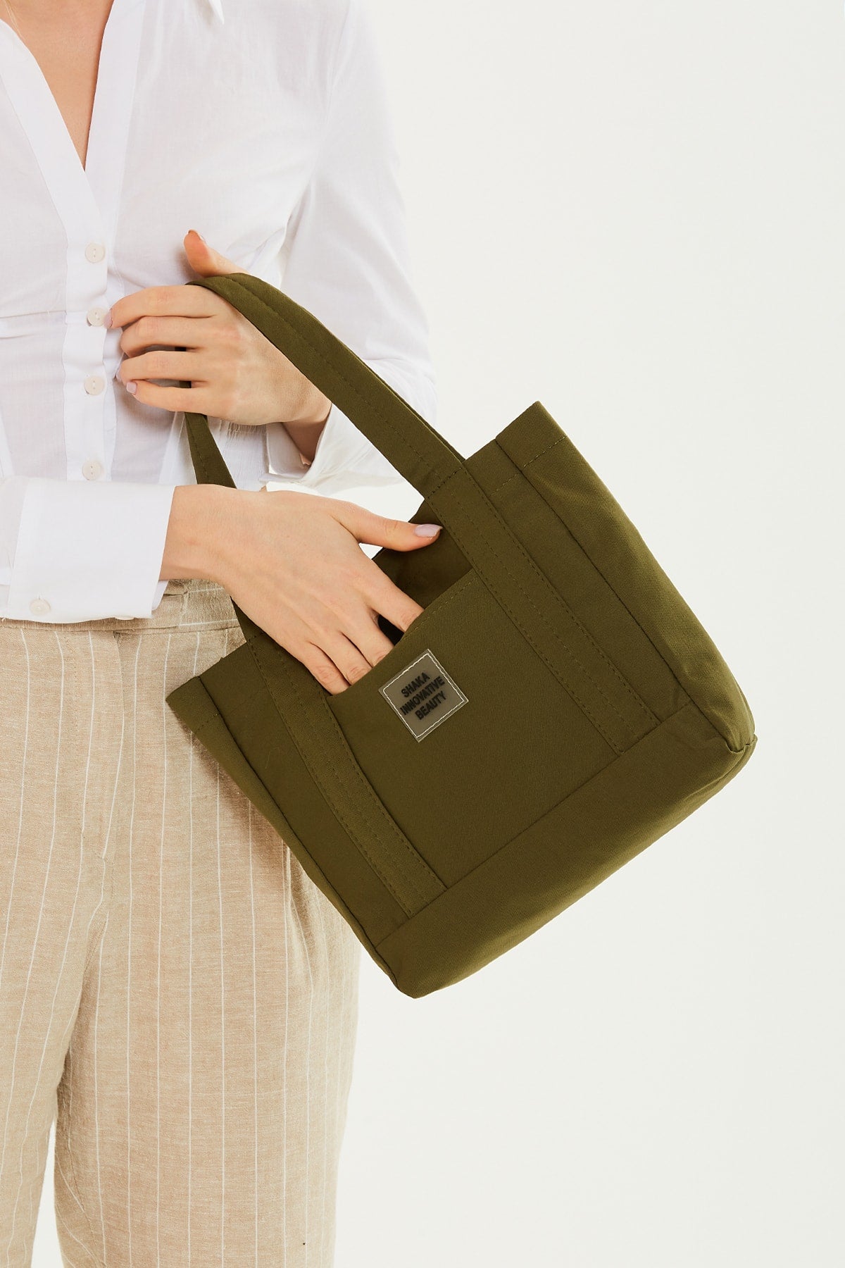 Khaki Green U37 Snap Closure 2 Compartment Front Pocket Detailed Canvas Fabric Casual Women'S Arm And Shoulder Bag