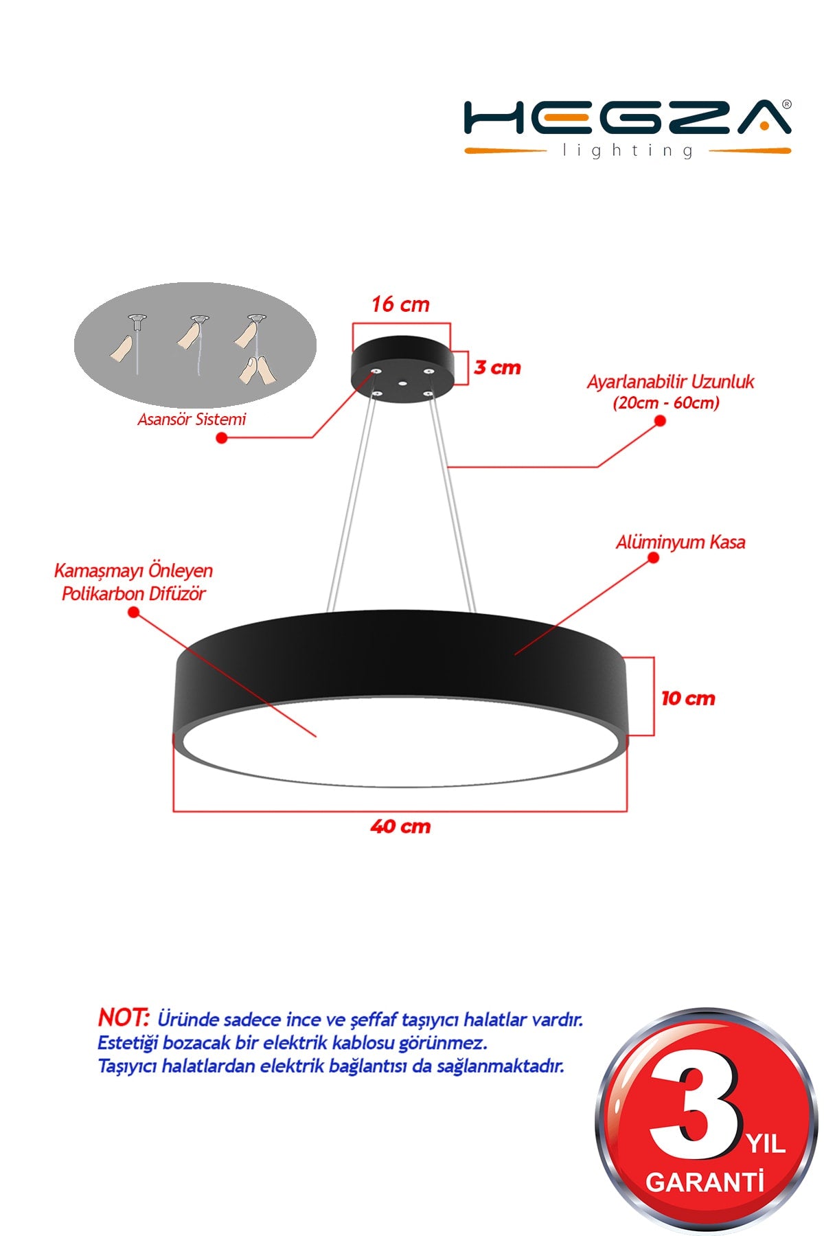 Drum 40Cm (Black Case, Daylight) Modern Led Chandelier With Led, Living Room, Kitchen, Living Bedroom, Pendant Lamp