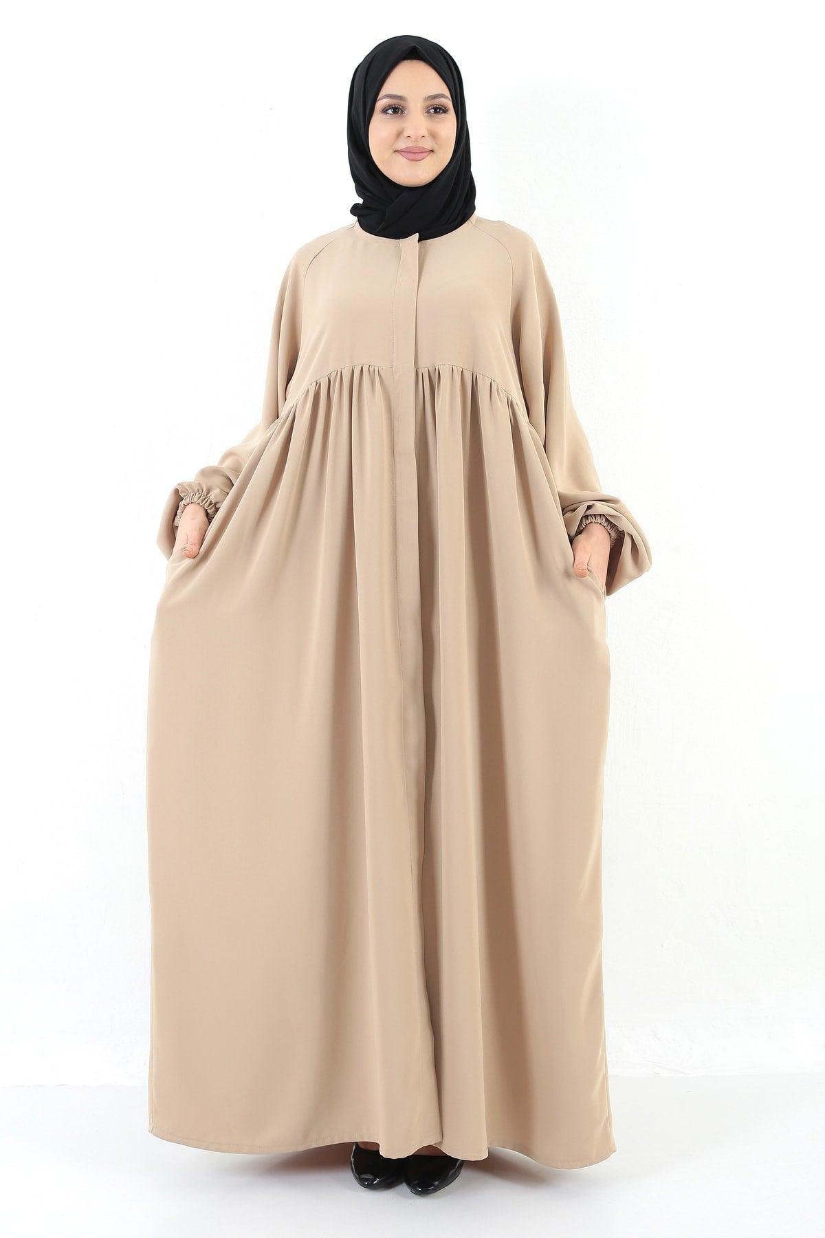 Beige Oversized Zippered Pleated Abaya Hijab - Swordslife