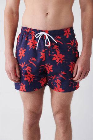 Men'S Navy Blue-Red Quick Dry Printed Standard Size Swimwear Marine Shorts E003802