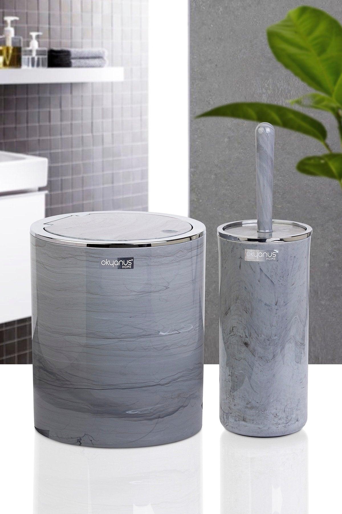 Chromed Round Marble Patterned 2-Wc Bucket And Brush Set - Swordslife